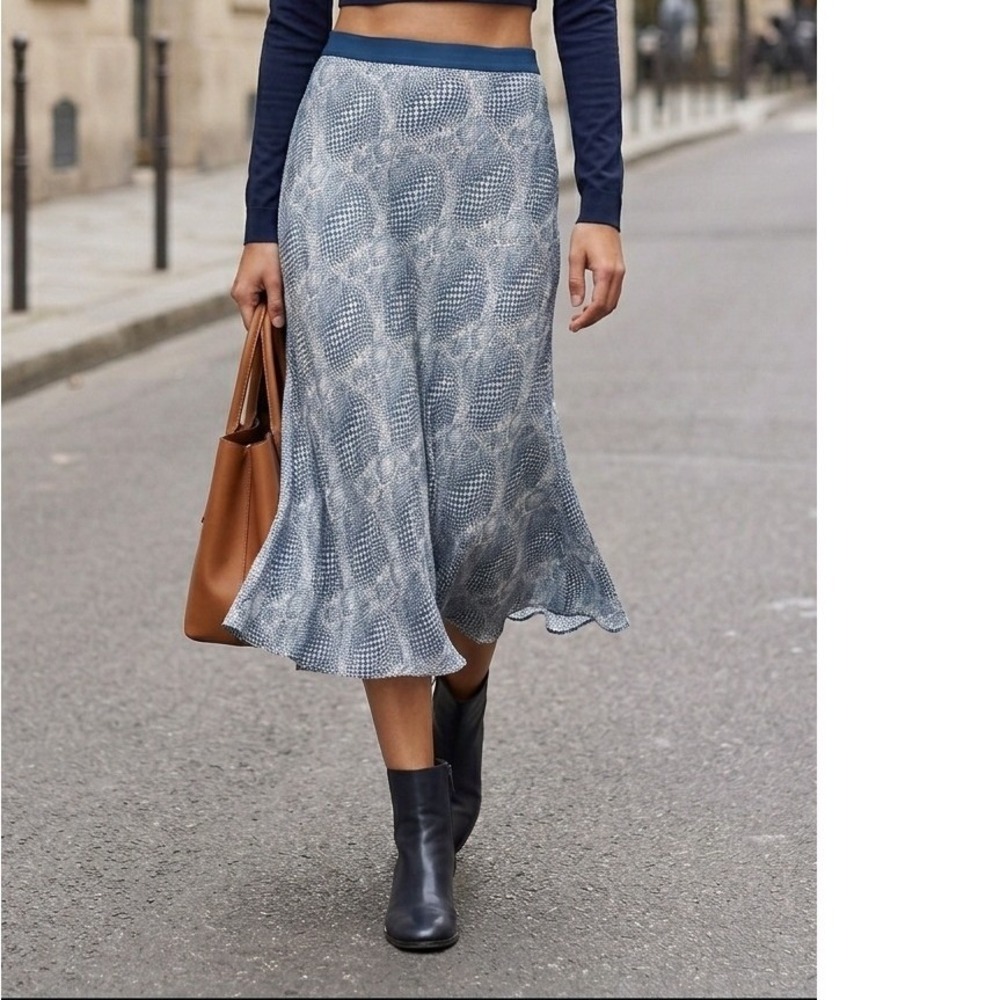 Laundry by Shelli Segal 100%‎ Silk Sz 8 Blue Snakeskin Print Bias Cut Midi Skirt